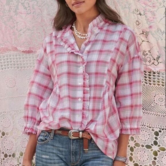 Sundance Janis Pink Plaid Ruffle 3/4 Sleeve Blouse - Picture 1 of 8